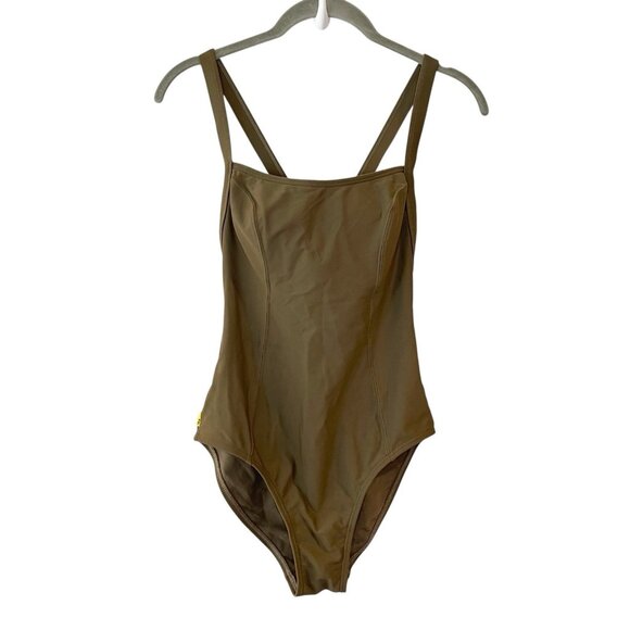LOLE Brown Nylon Stretch 1-pc Swimsuit Womens sz S Criss Cross Back Modest Cut - Picture 1 of 7